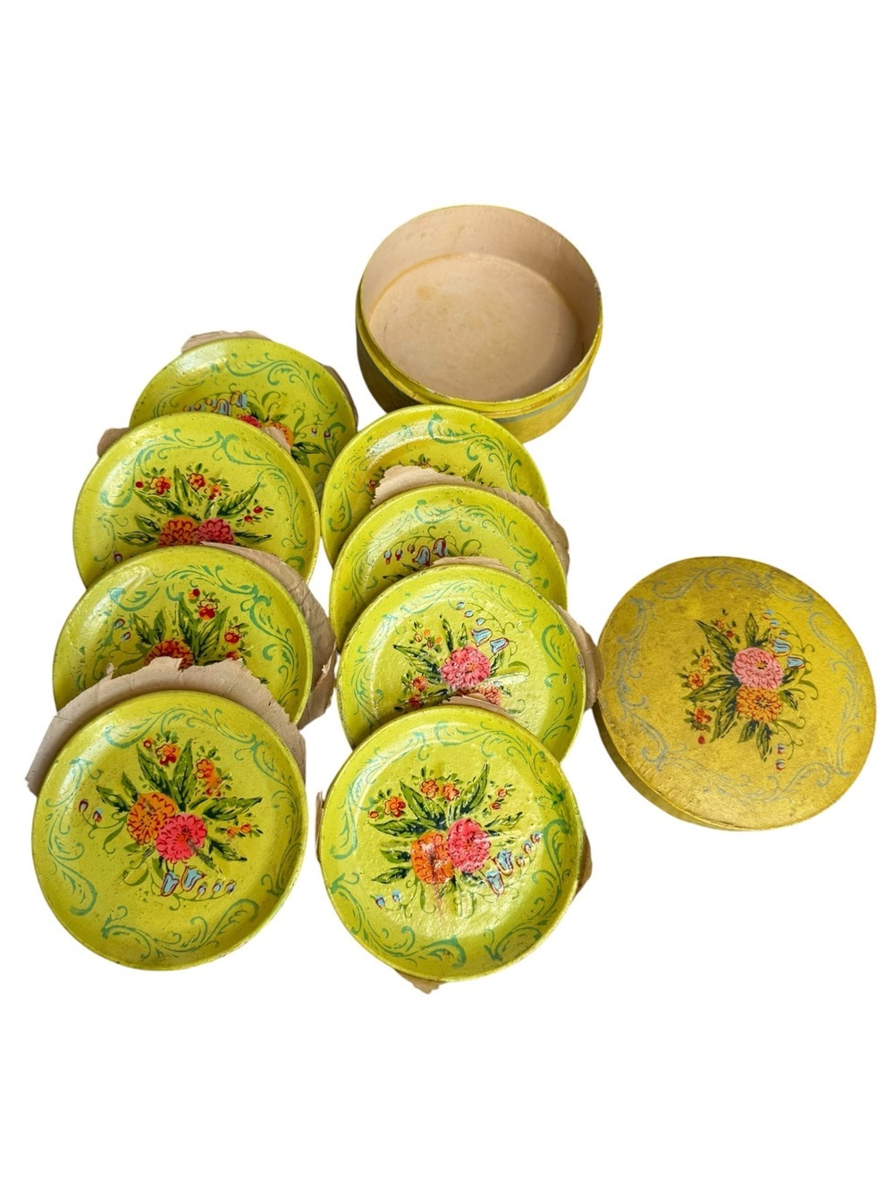 Vintage Japanese Floral Coaster Set in Box Hand Painted Highmount 8 Pc Decor